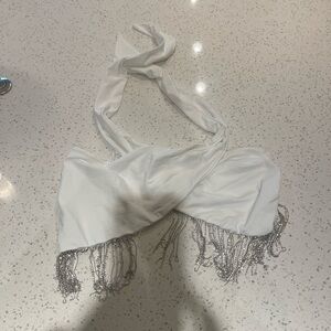 12th Tribe White Cross Halter Top with fringe